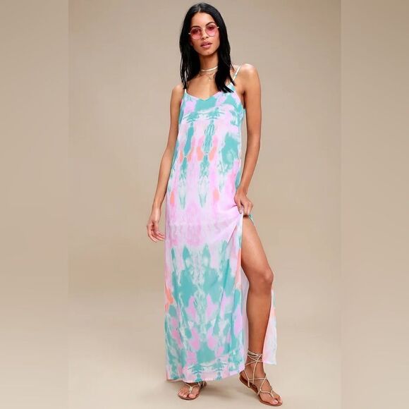 Lulus Flying Watercolors Tie Dye Fuchsia Print Maxi Dress with Slit - Picture 1 of 4